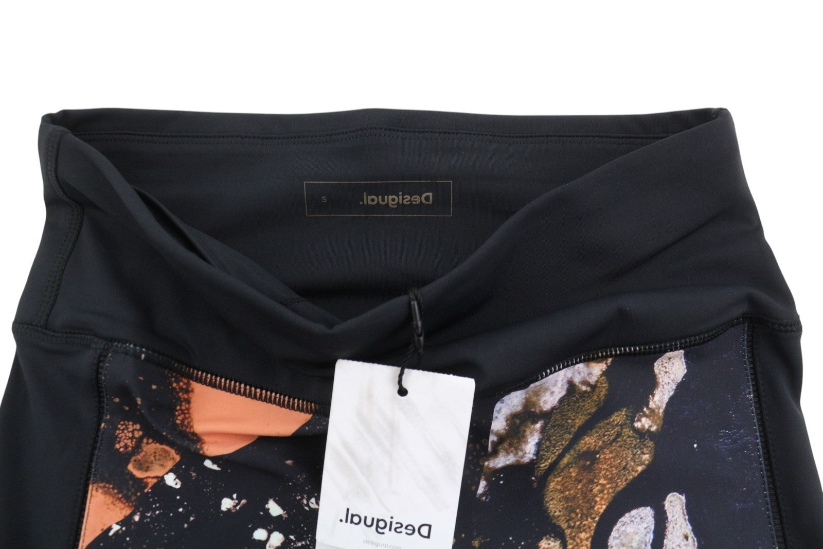 DESIGUAL Flore Women Leggings S Black Mineral Digital Print Cropped Stretch