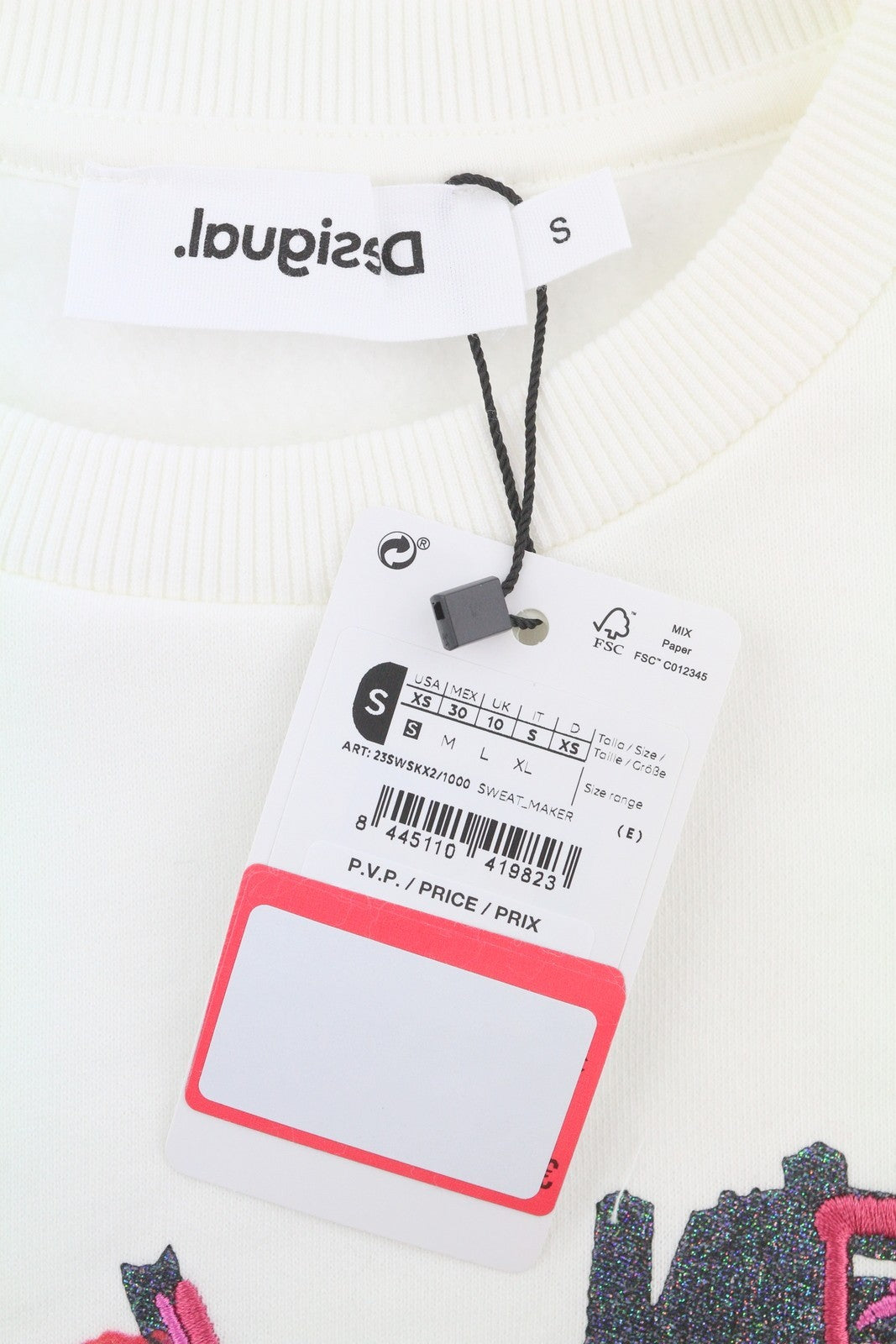 DESIGUAL Maker Women Sweatshirt S White Glitter Embroidered Crew Pull On