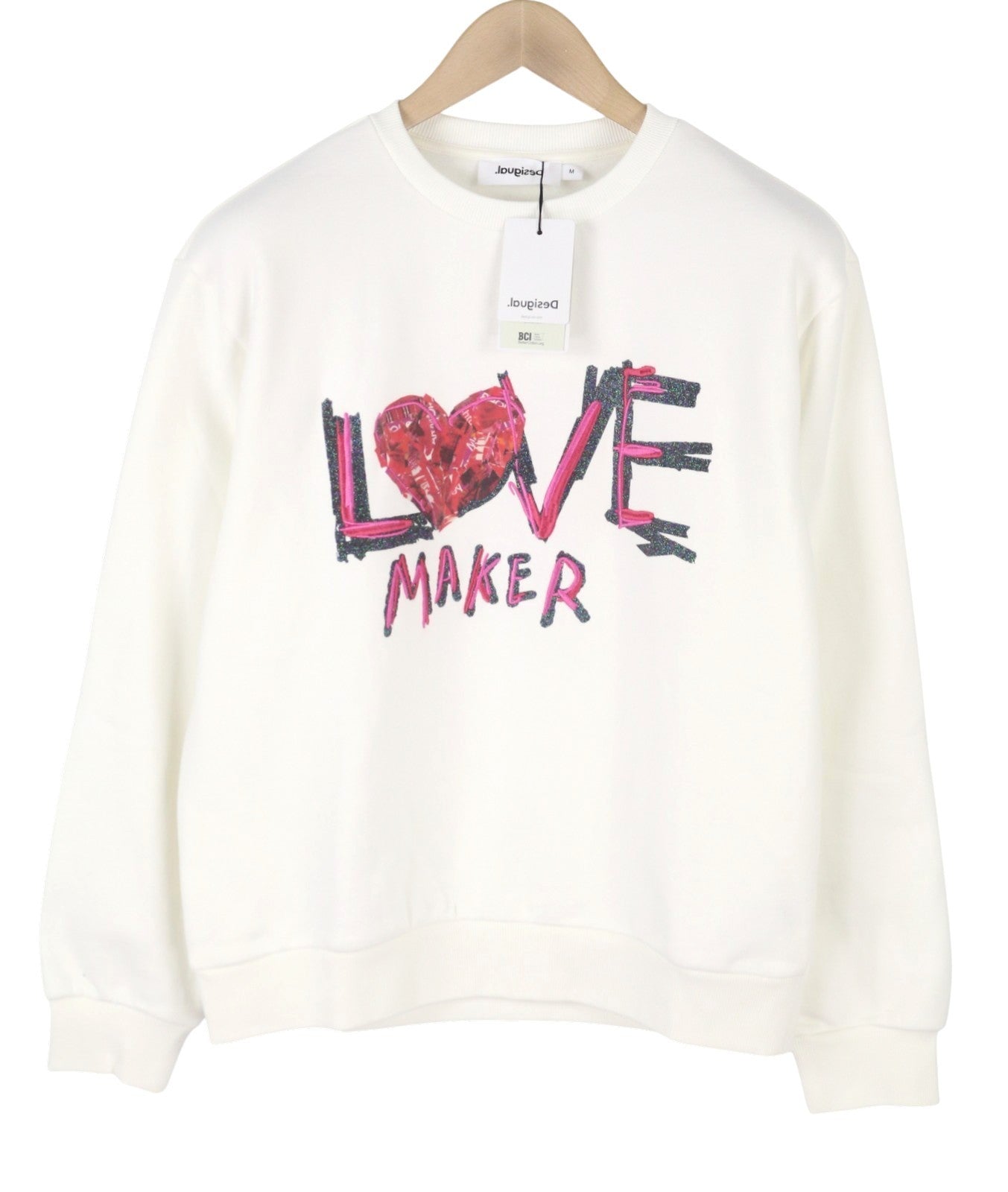 DESIGUAL Maker Women Sweatshirt S White Glitter Embroidered Crew Pull On