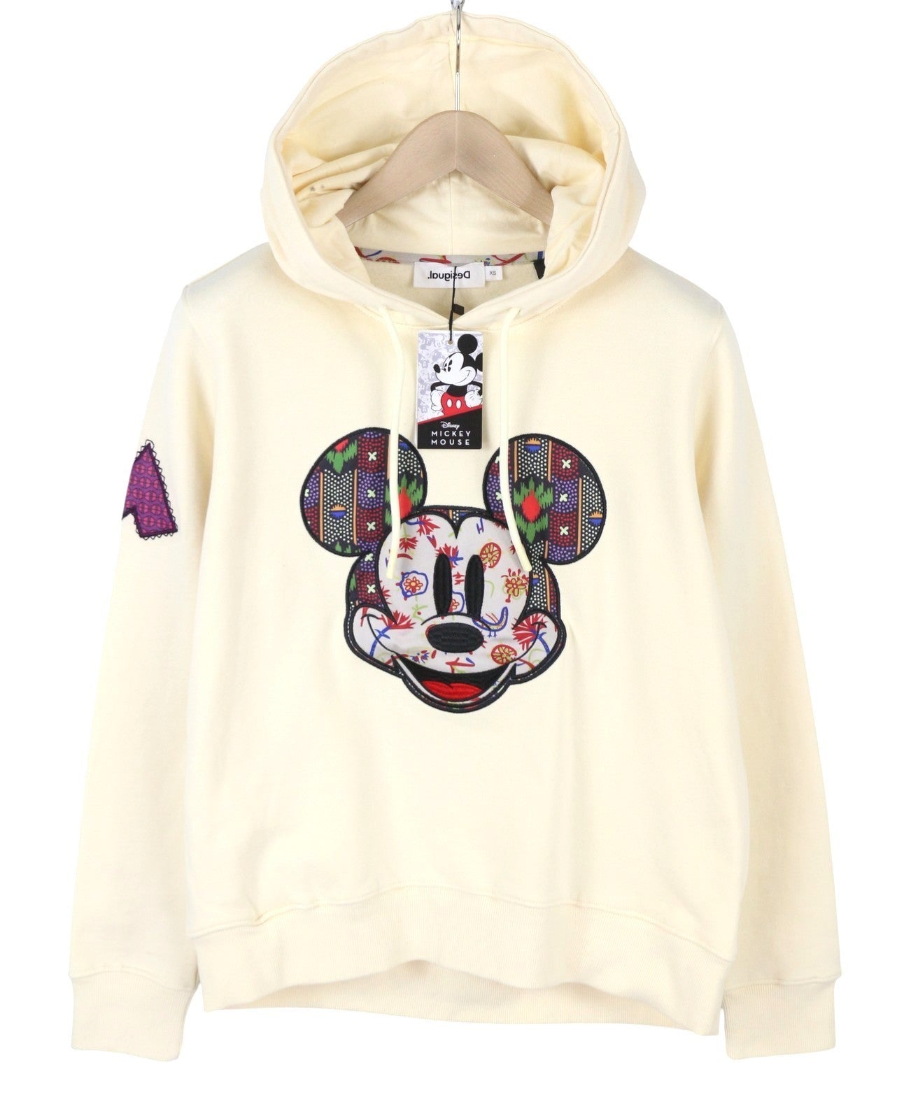DESIGUAL Disney Face Patch Mickey Mouse Women Hoodie XS Beige Oversize Pull On