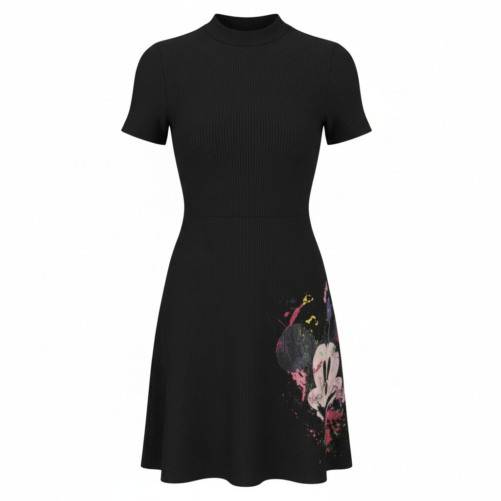 DESIGUAL Disney Mickey Morro Women Dress XL Black Rib Knit Mock Neck Mini