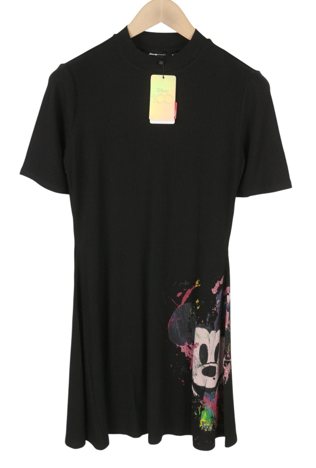 DESIGUAL Disney Mickey Morro Women Dress XL Black Rib Knit Mock Neck Mini