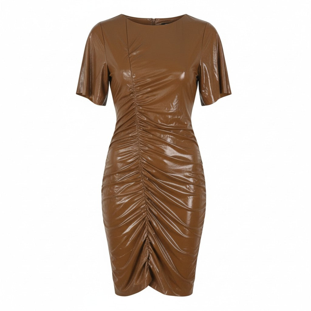 MARINA RINALDI Women Dress EU50 Brown Shiny Short Sleeve Knee Length