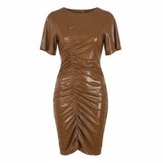 MARINA RINALDI Women Dress EU50 Brown Shiny Short Sleeve Knee Length