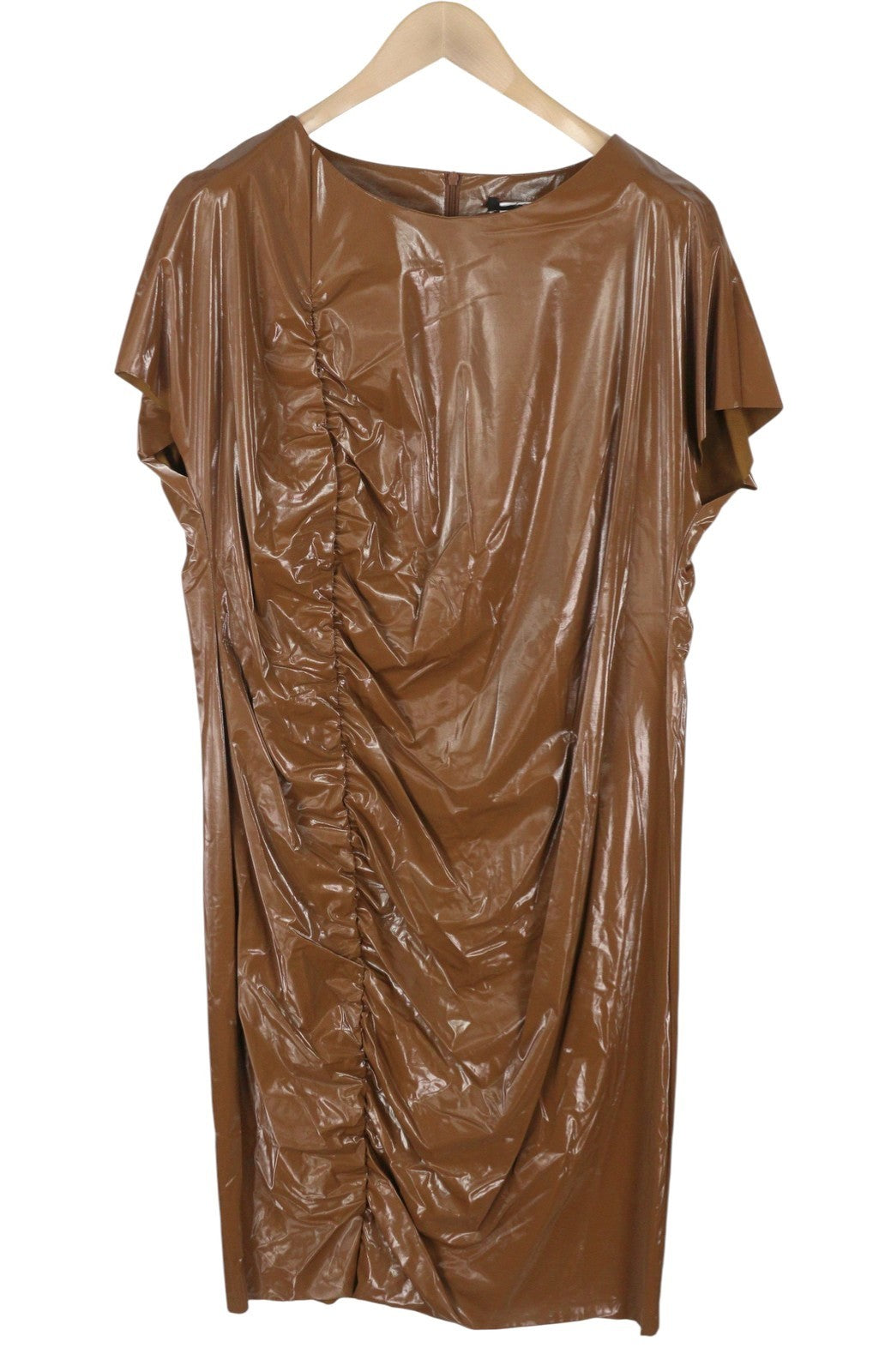 MARINA RINALDI Women Dress EU50 Brown Shiny Short Sleeve Knee Length