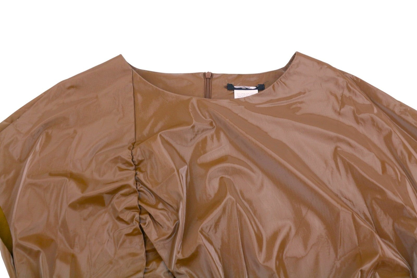 MARINA RINALDI Women Dress EU50 Brown Shiny Short Sleeve Knee Length