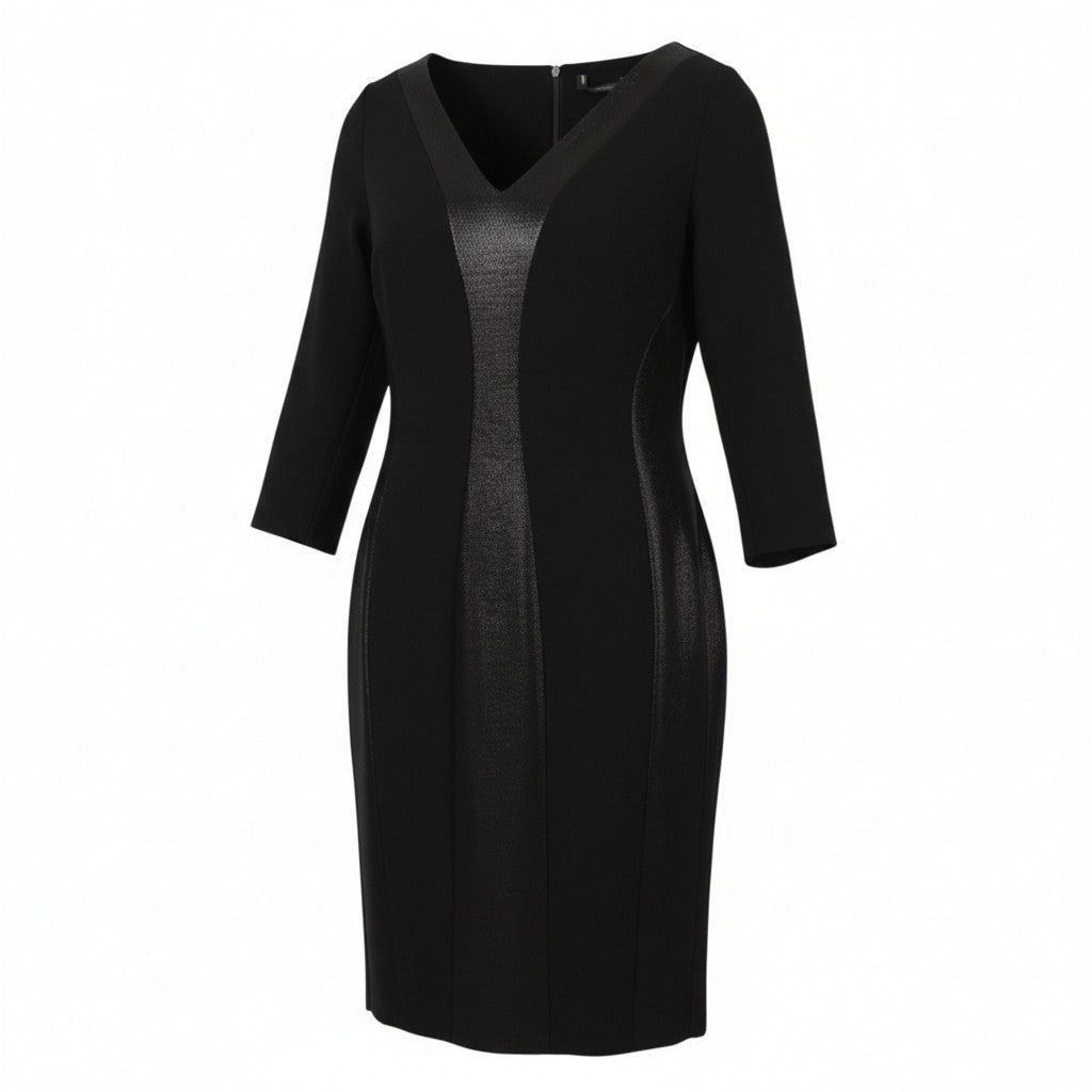 MARINA RINALDI Women Dress EU46 Black Wool Blend V-Neck 3/4 Sleeve Knee Length