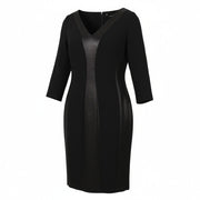 MARINA RINALDI Women Dress EU46 Black Wool Blend V-Neck 3/4 Sleeve Knee Length
