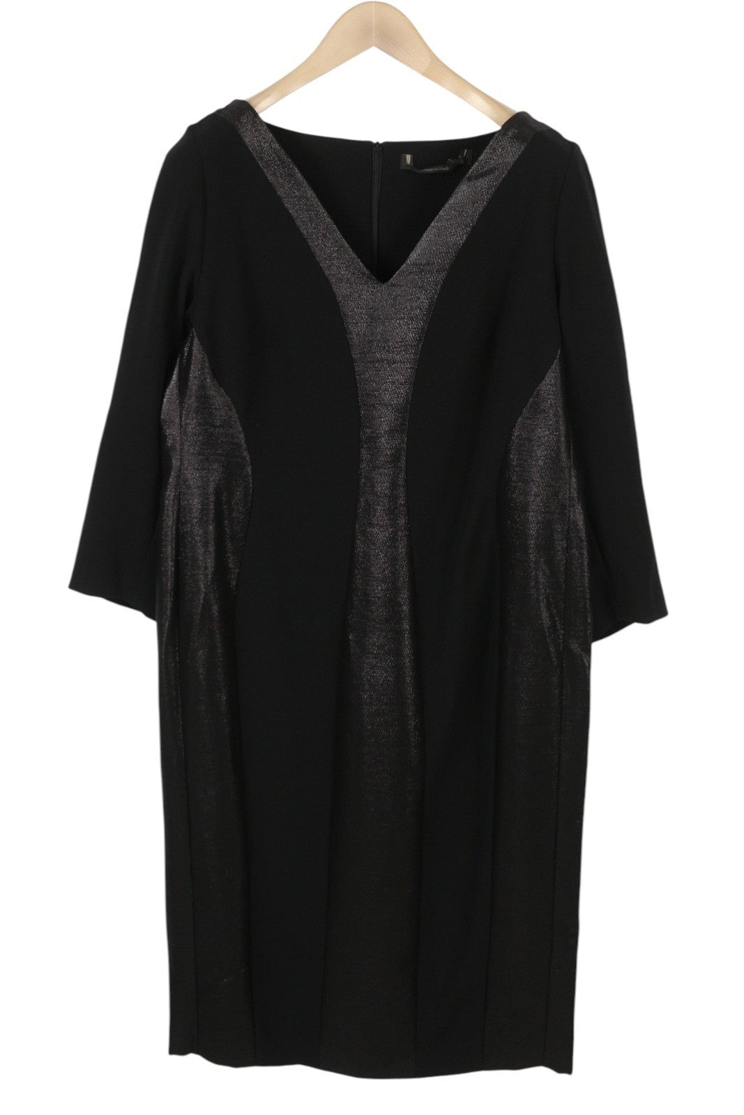 MARINA RINALDI Women Dress EU46 Black Wool Blend V-Neck 3/4 Sleeve Knee Length