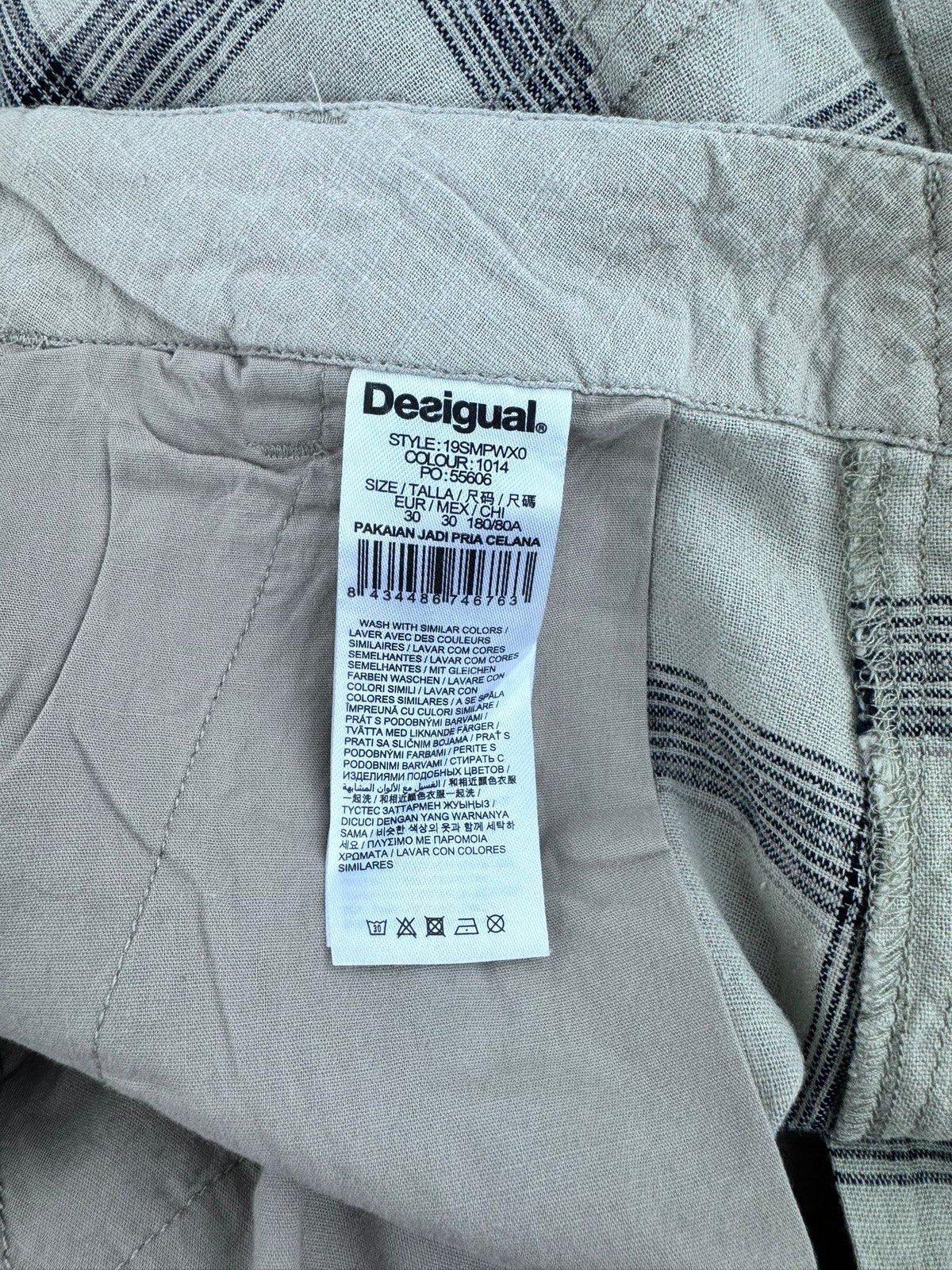 DESIGUAL Marc Men Shorts W30 Beige Linen Blend Plaid Belted Zip Fly Cargo