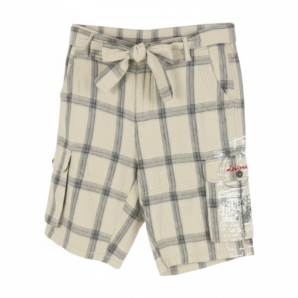 DESIGUAL Marc Men Shorts W30 Beige Linen Blend Plaid Belted Zip Fly Cargo