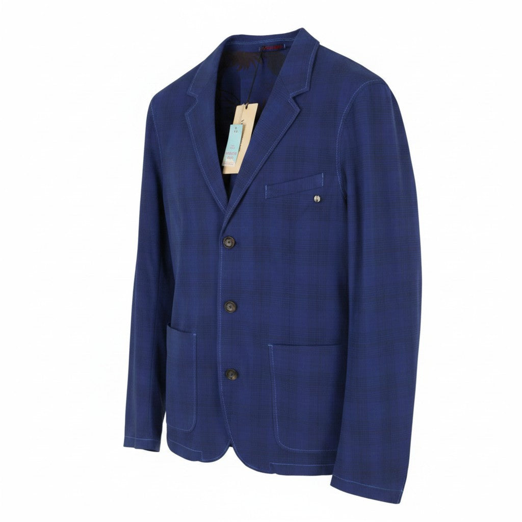 SCOTCH & SODA Men Blazer M Blue Plaid Half Lined Notch Lapel Single Breasted