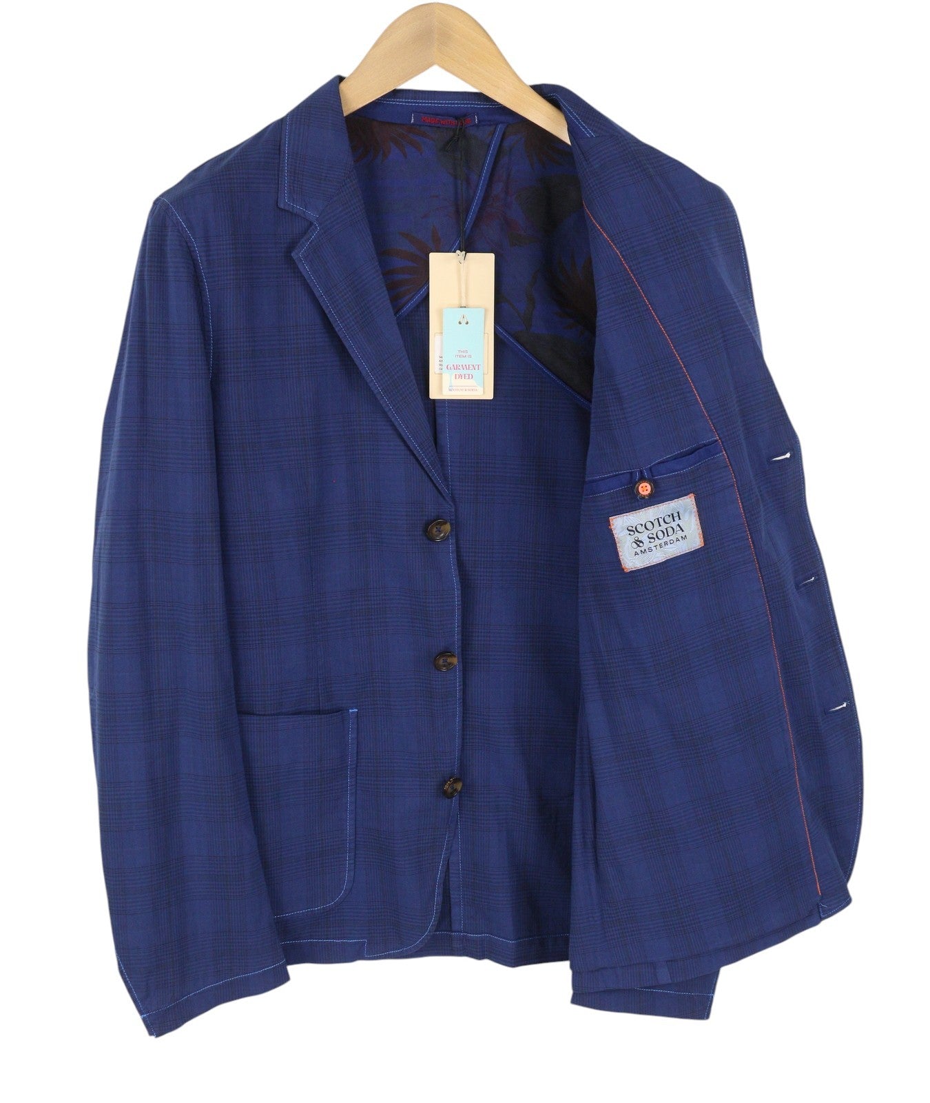 SCOTCH & SODA Men Blazer M Blue Plaid Half Lined Notch Lapel Single Breasted