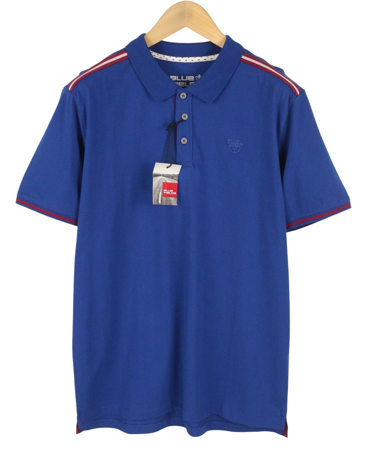 BLUE FIELDS Men Polos L Blue Half Button Collar Short Sleeved
