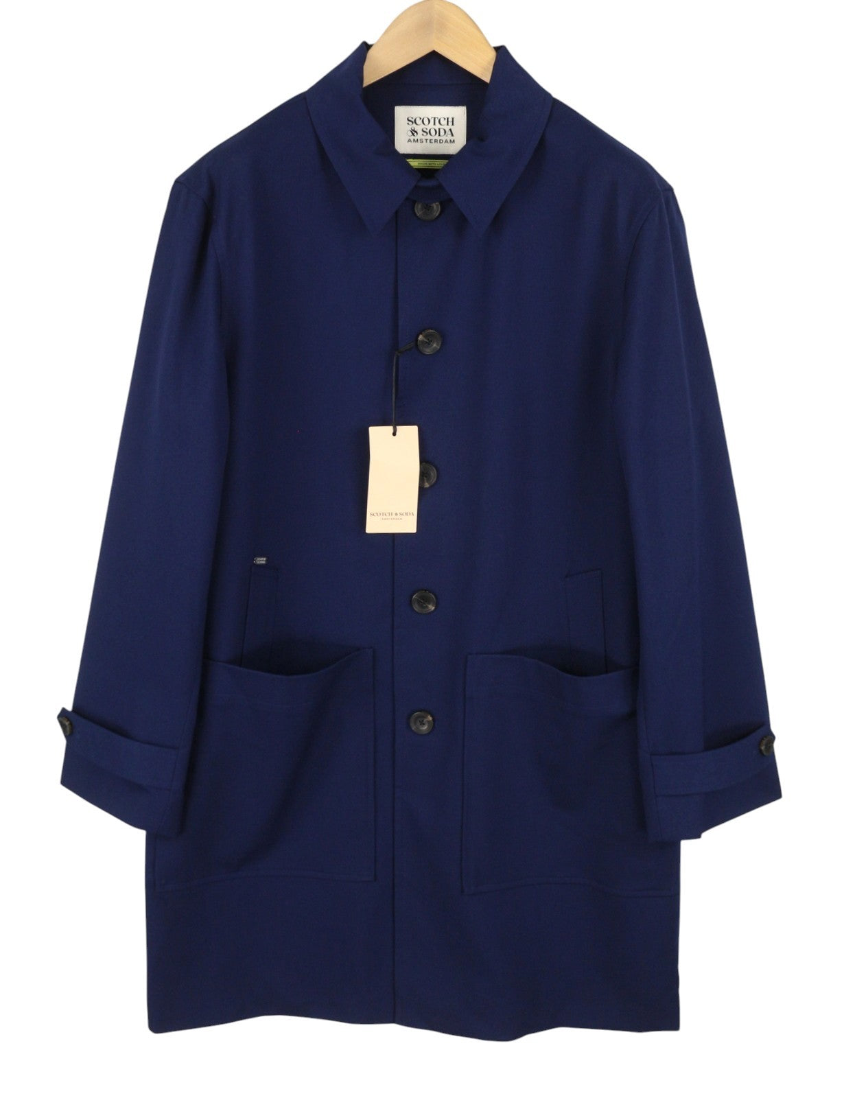 SCOTCH & SODA Men Jacket L Dark Blue Button Up Spread Mid Length Trench Coat