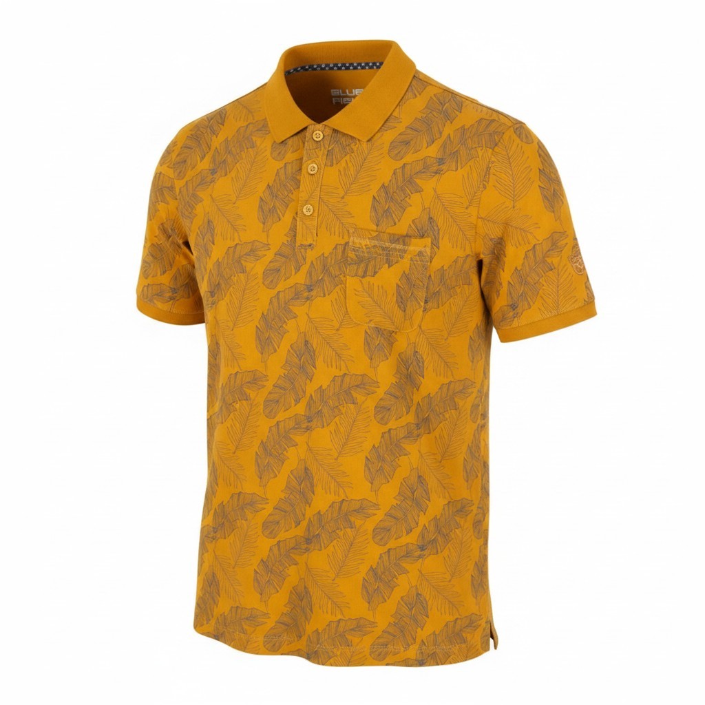 BLUE FIELDS Men Polos L Yellow Leafs Pattern Half Button Short Sleeve