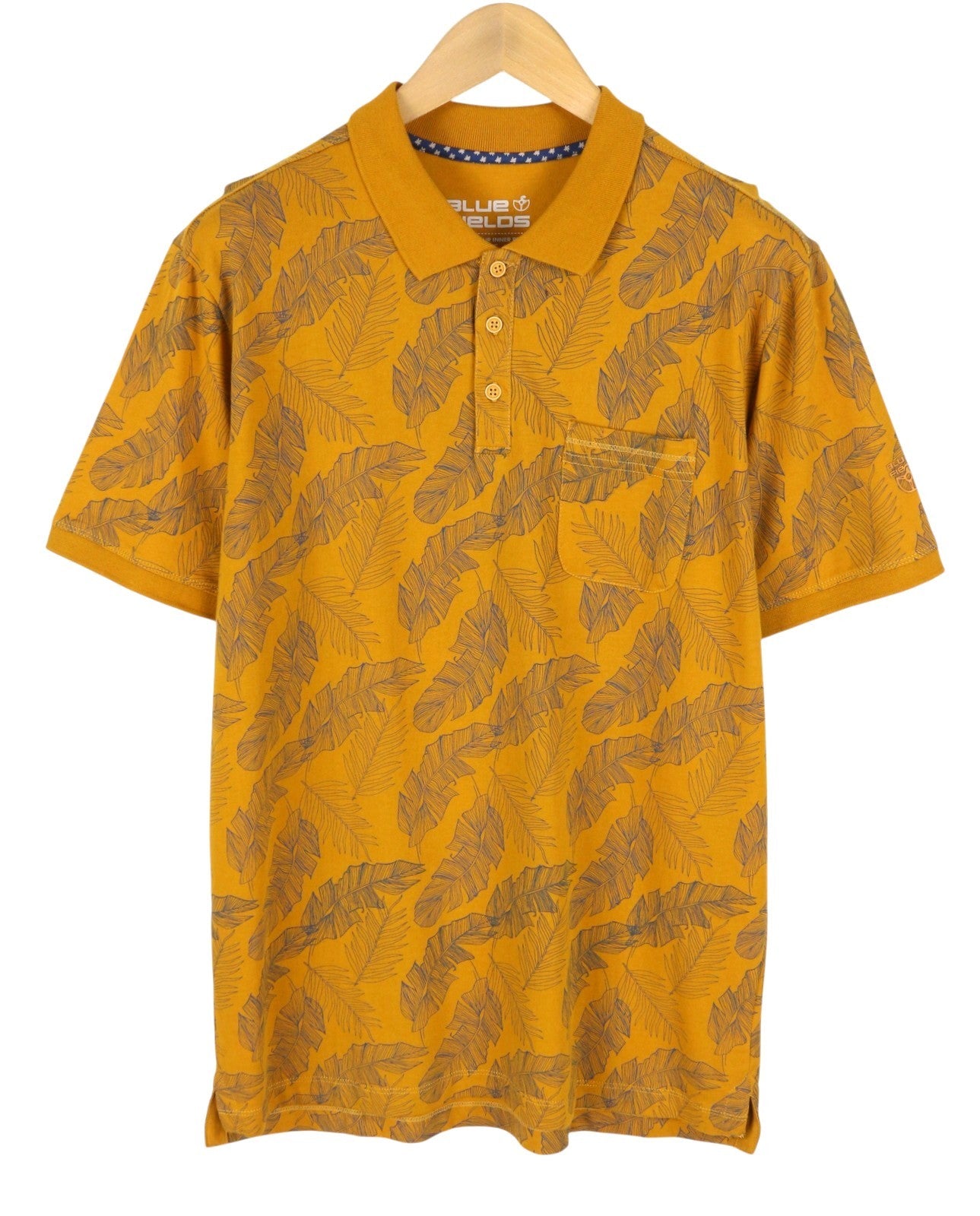 BLUE FIELDS Men Polos L Yellow Leafs Pattern Half Button Short Sleeve