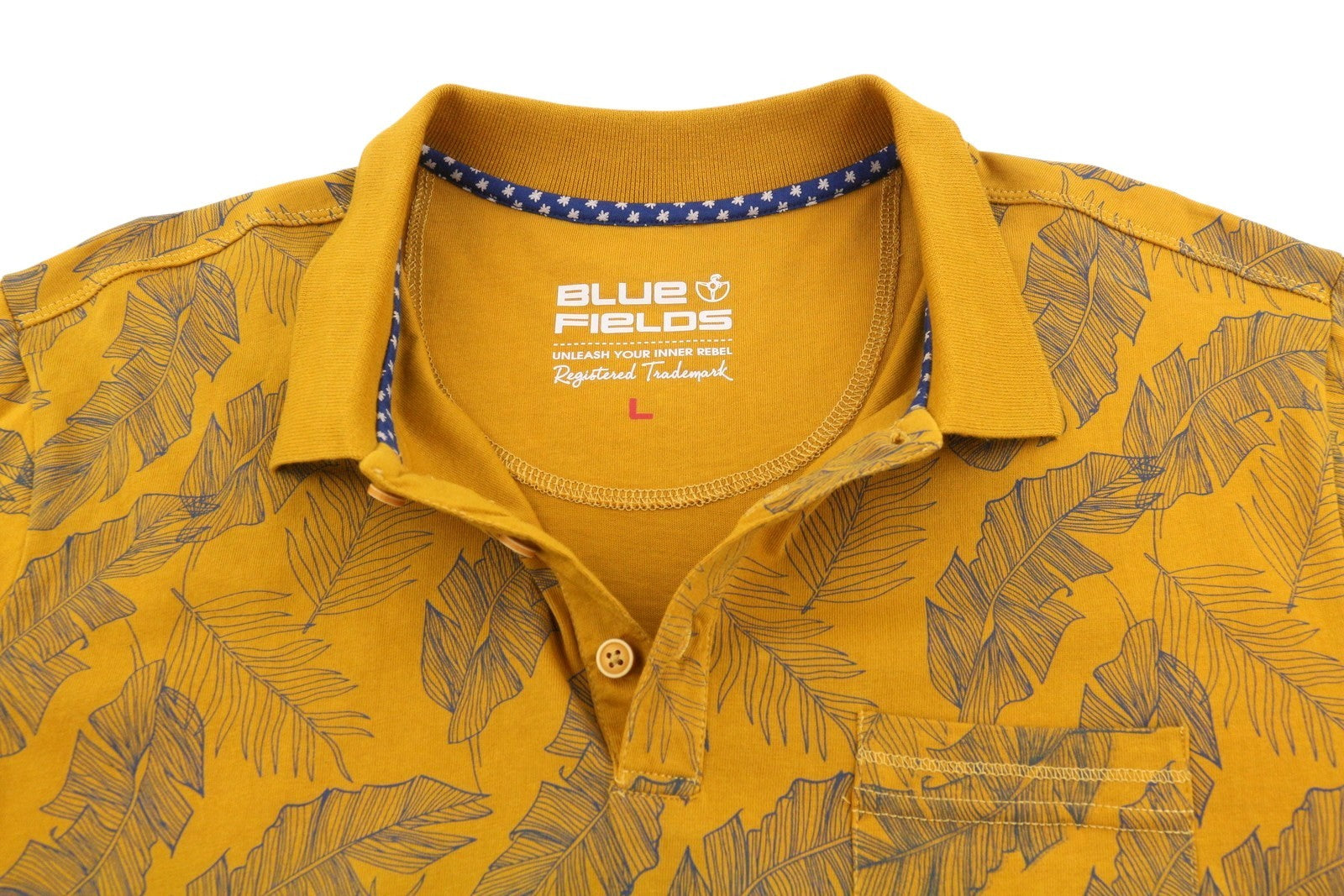 BLUE FIELDS Men Polos L Yellow Leafs Pattern Half Button Short Sleeve