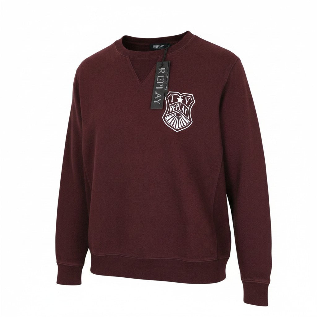 REPLAY Men Sweatshirt L Burgundy Red Pure Cotton Long Sleeve Logo Pull On