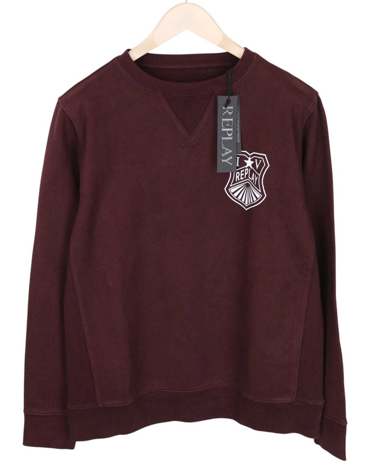 REPLAY Men Sweatshirt L Burgundy Red Pure Cotton Long Sleeve Logo Pull On