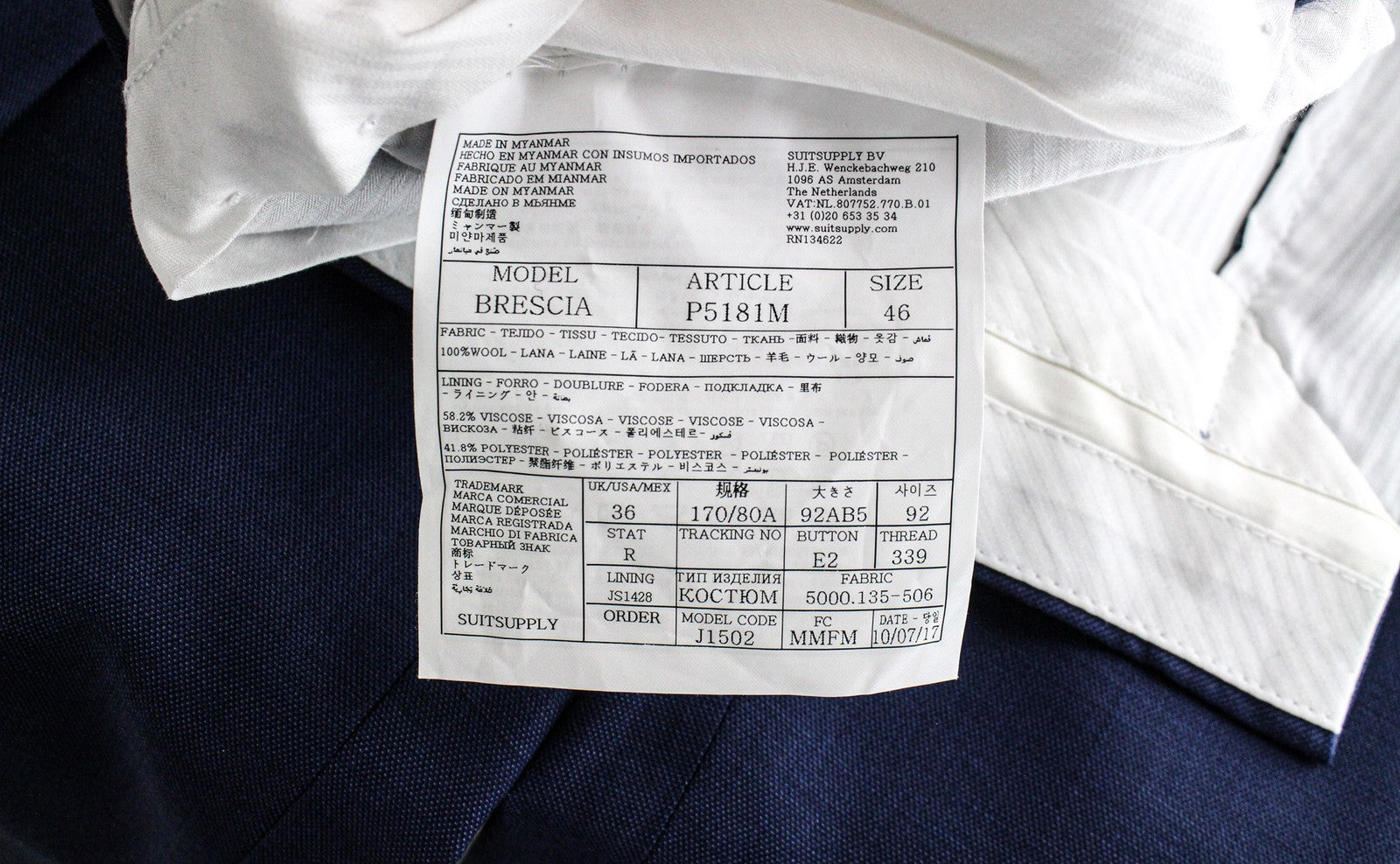 SUITSUPPLY Napoli Men Suit UK36R Classic Blue Pure Wool Super 110's 2 Piece