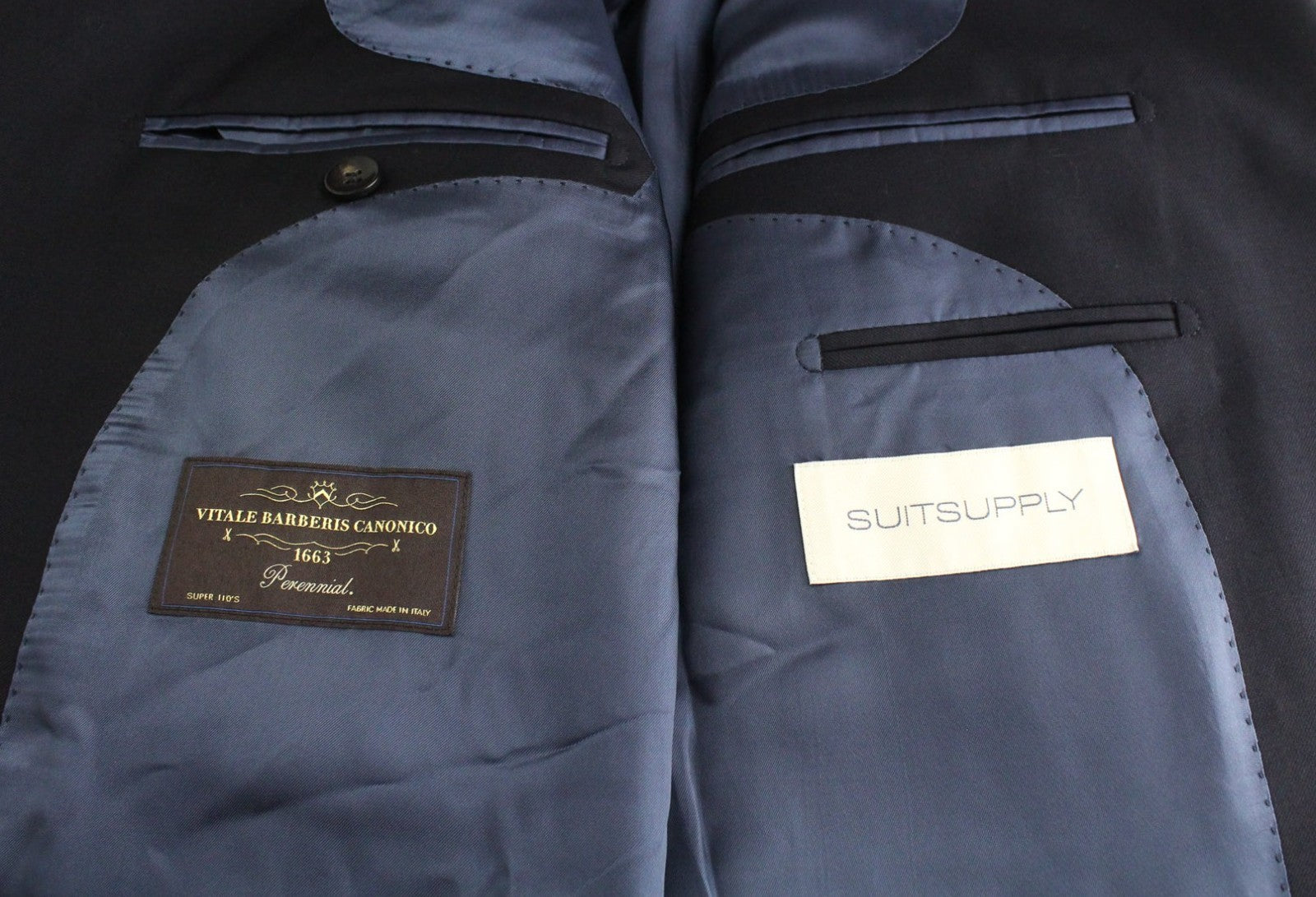 SUITSUPPLY La Spalla Men Suit UK50L Classic Lined Dark Blue Pure Wool 3 Piece