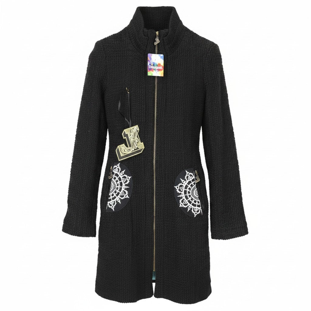 DESIGUAL L'Adoration Women Coat 38 M Black Cotton Wool Blend Embroidered