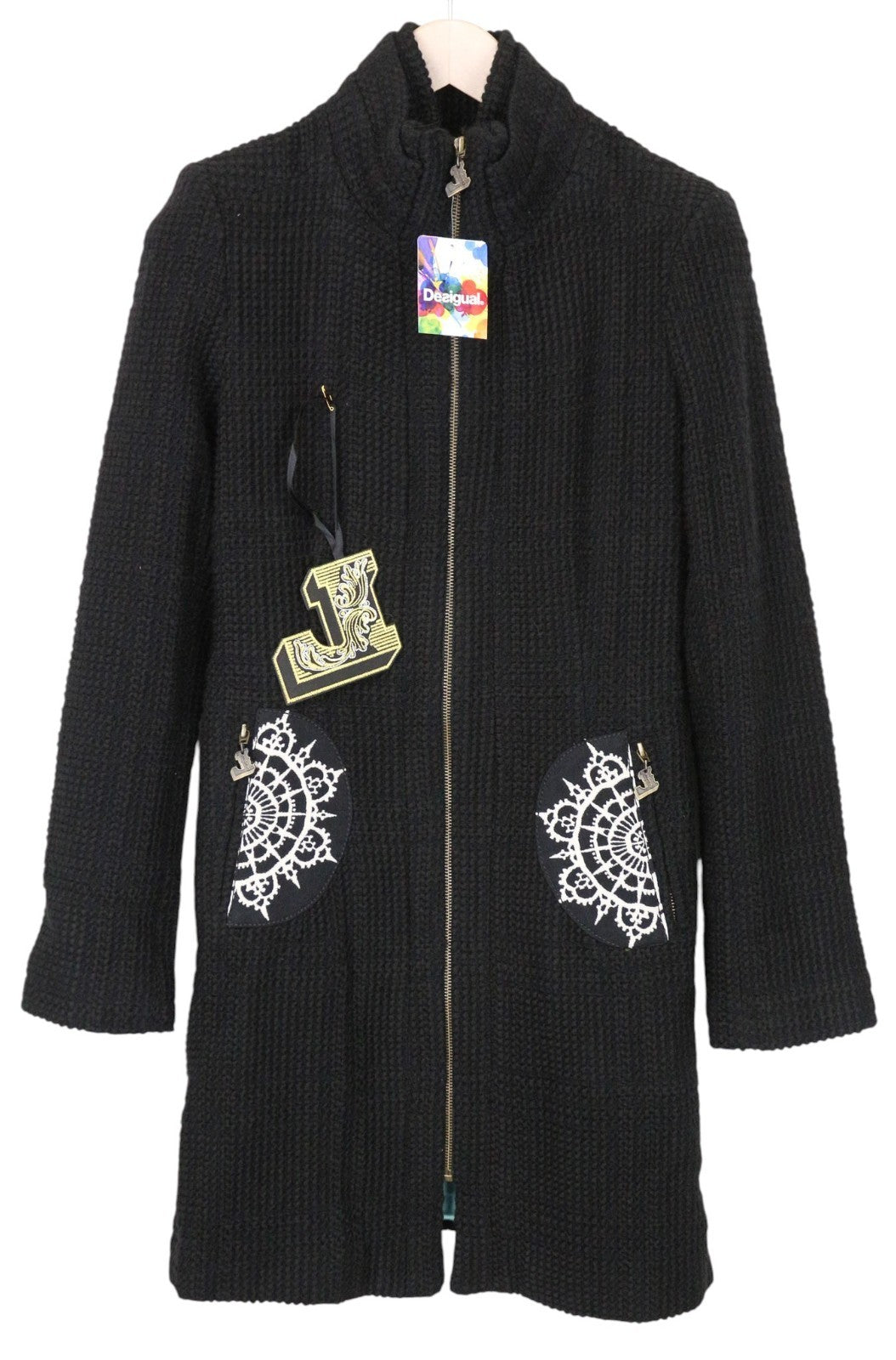DESIGUAL L'Adoration Women Coat 38 M Black Cotton Wool Blend Embroidered