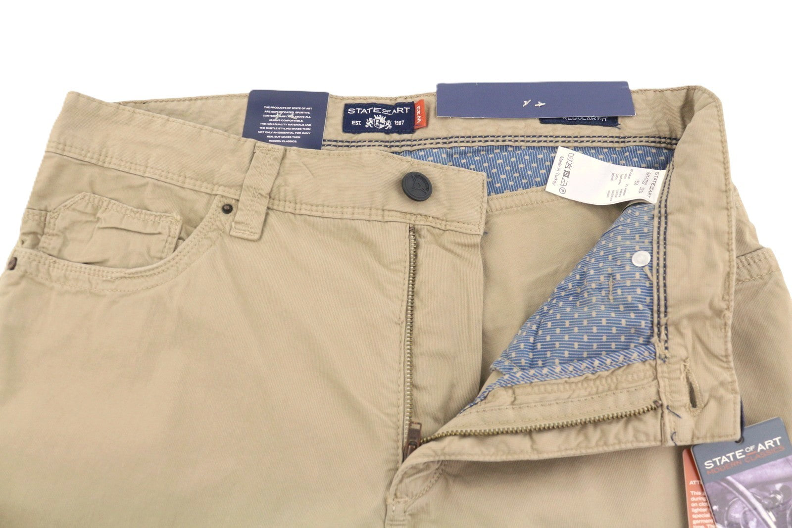 STATE OF ART Monza Men Trousers W33/L34 Beige Regular Fit Zip Fly Casual