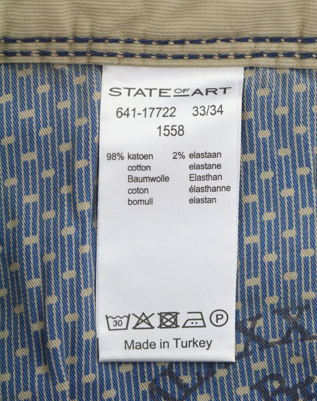 STATE OF ART Monza Men Trousers W33/L34 Beige Regular Fit Zip Fly Casual