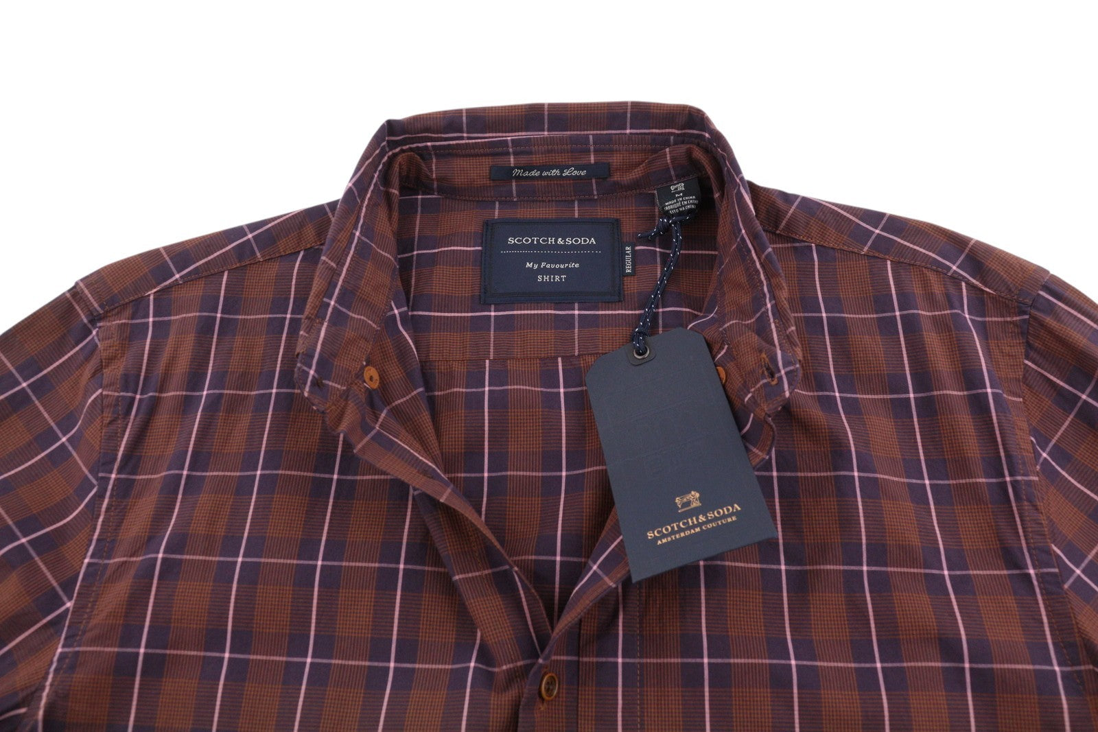SCOTCH & SODA Men Shirt M Brown Plaid Button Down Neck Casual