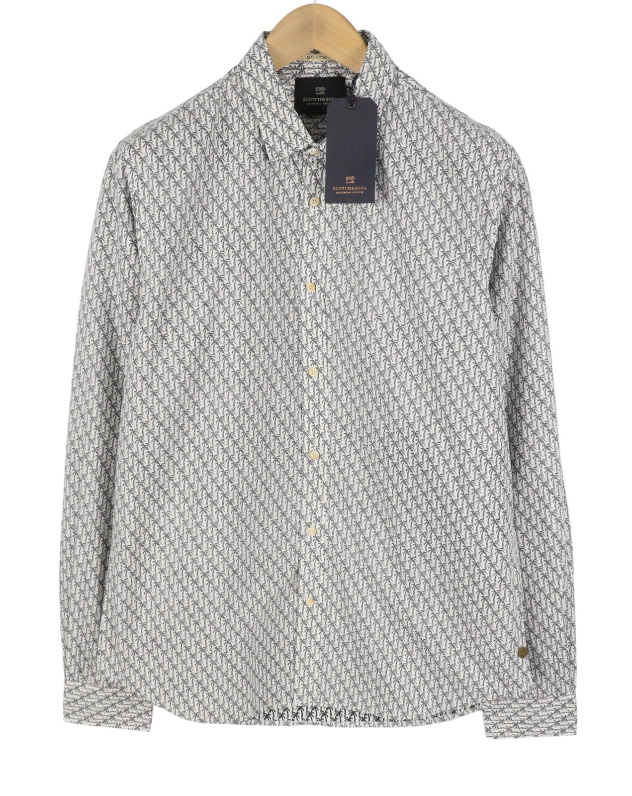 SCOTCH & SODA Men Shirt L Grey Palm Tree All-Over Print Button Up Casual