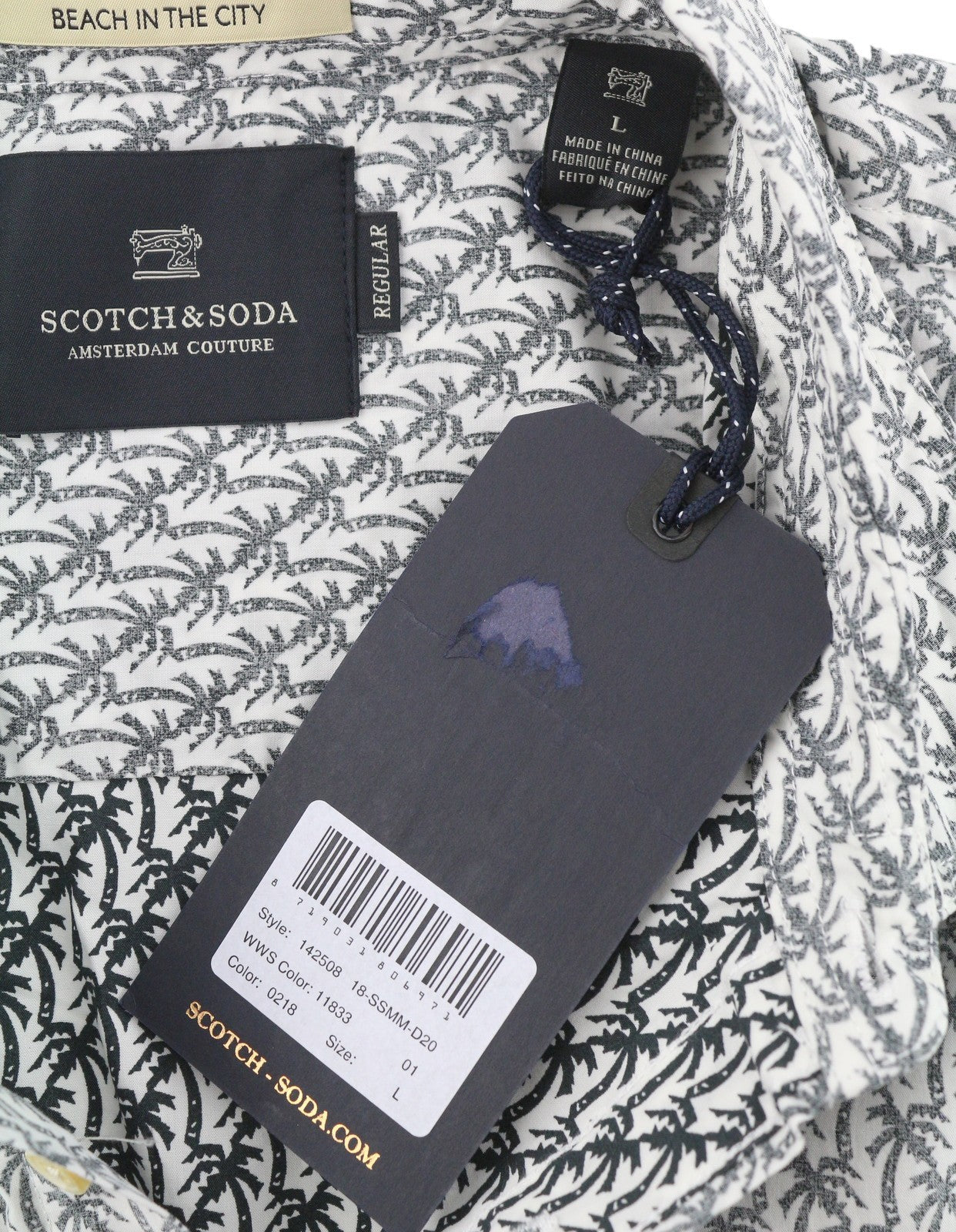 SCOTCH & SODA Men Shirt L Grey Palm Tree All-Over Print Button Up Casual