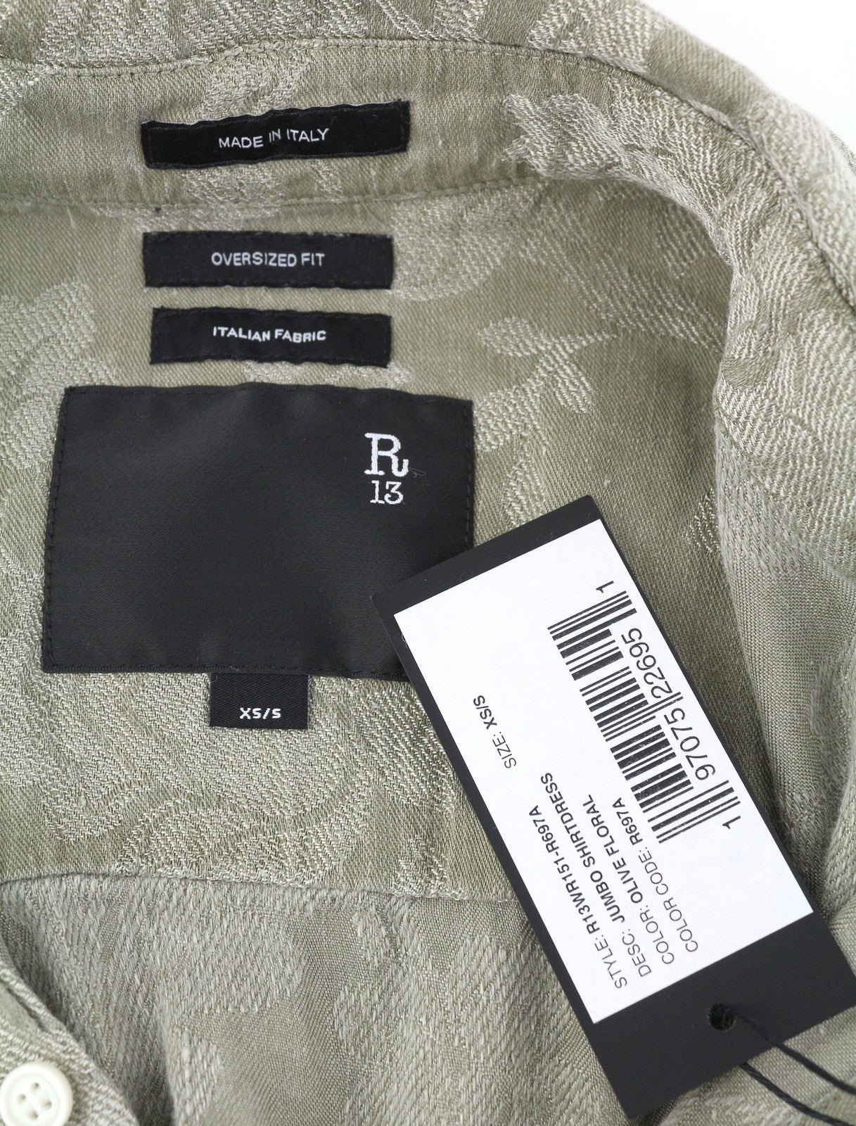 R13 Jumbo Shirtdress Women Dress XS/S Olive Floral Linen Blend Loose PS26
