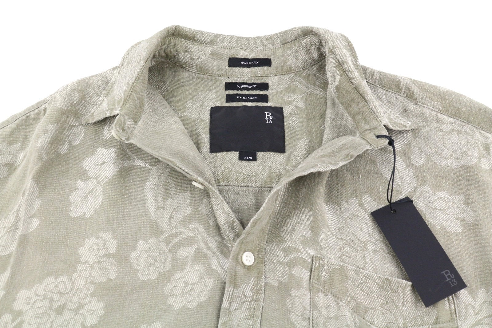 R13 Jumbo Shirtdress Women Dress XS/S Olive Floral Linen Blend Loose PS26