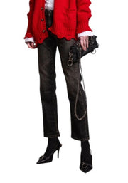 R13 Boy Straight Women Jeans 27 Abbey Black Faded Distress Crop PS26
