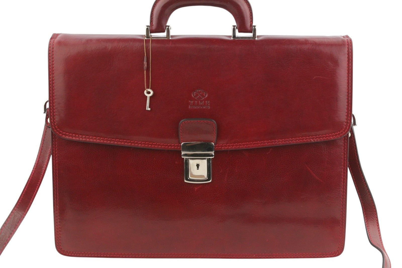 TIME RESISTANCE Men Bag OS Red Vachetta Leather Adjustable Strap Briefcase