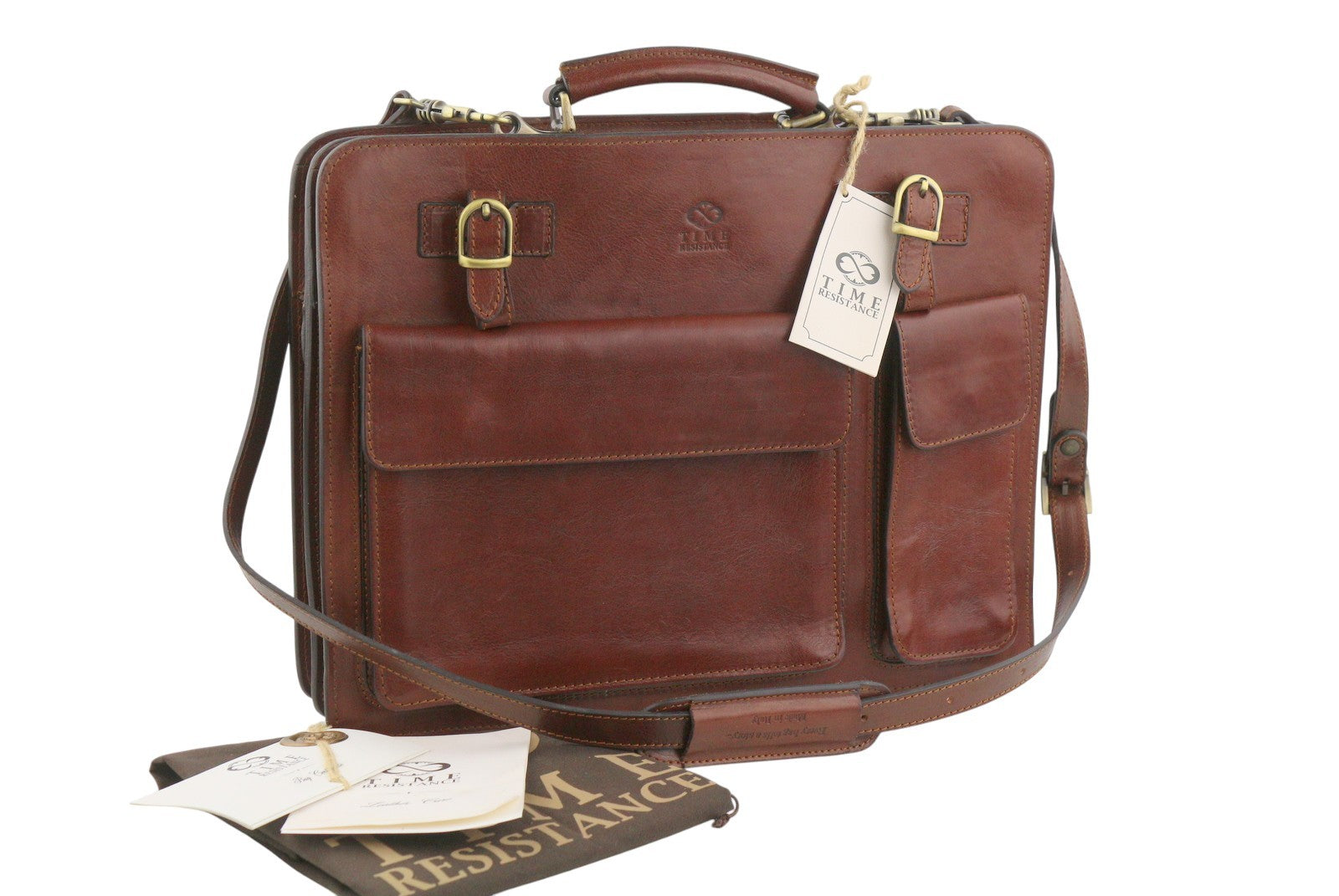 TIME RESISTANCE The Prophet Men Bag Brown Leather Large Satched Briefcase RRP320