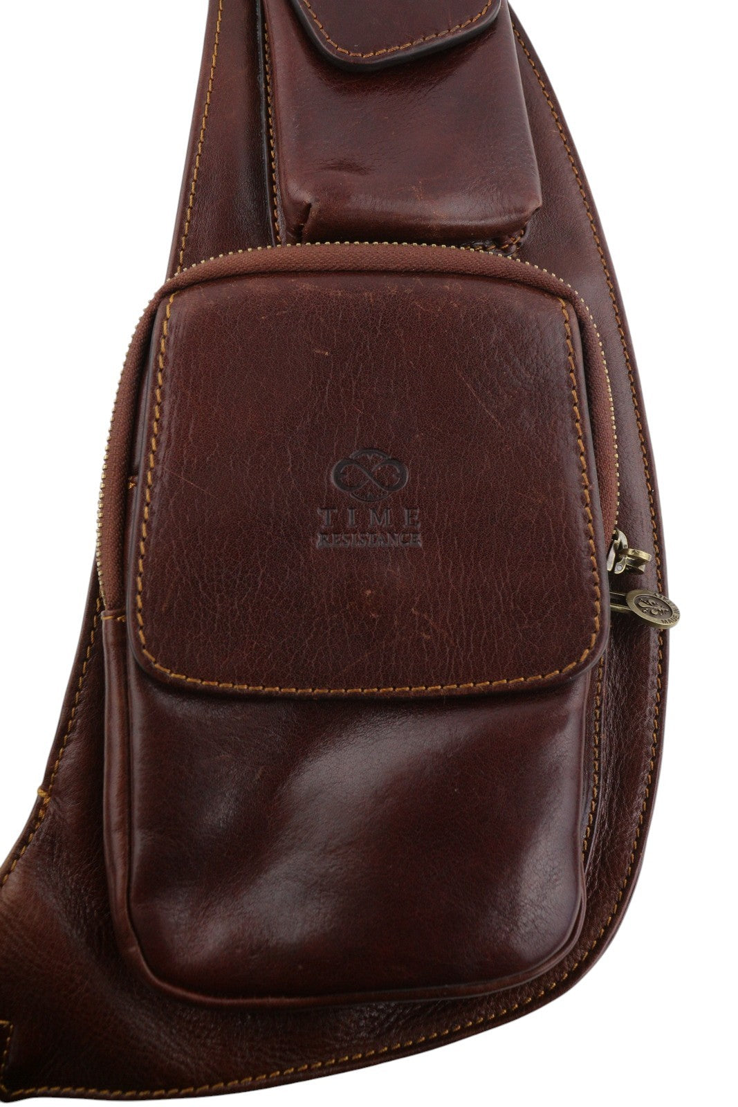 TIME RESISTANCE The Monk Men Bag OS Brown Leather Sling Crossbody RRP180