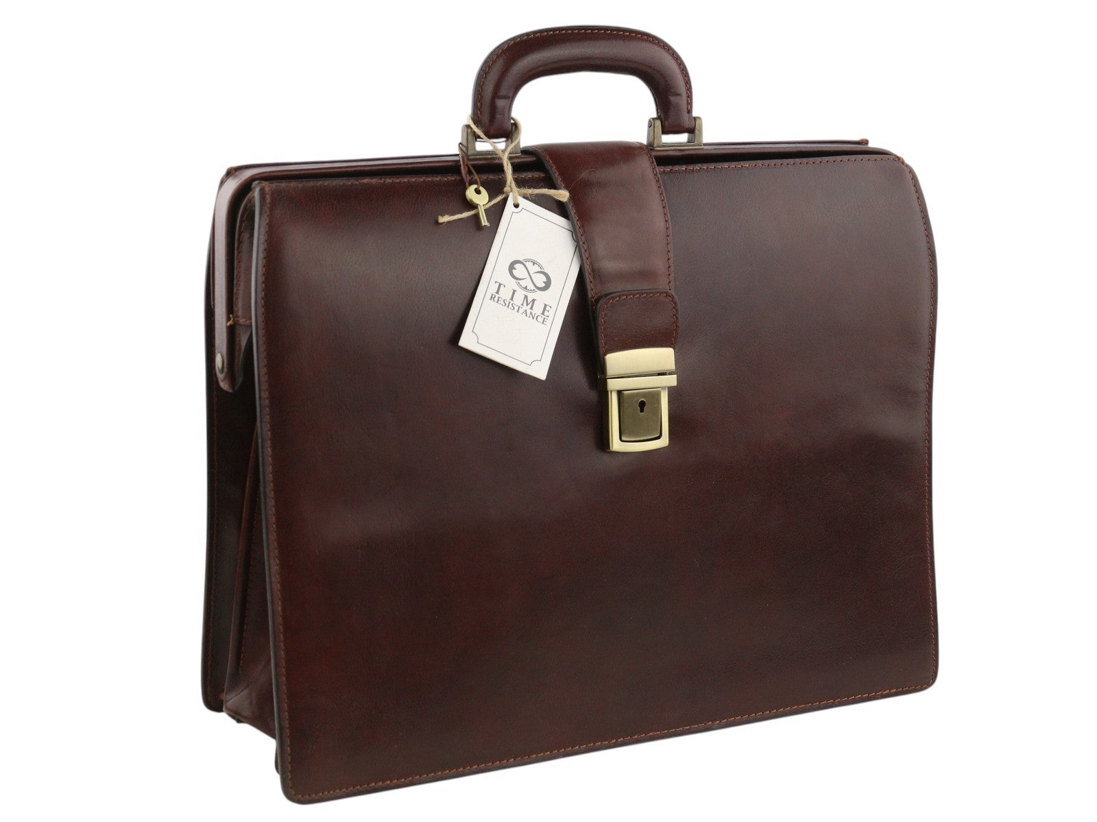 TIME RESISTANCE Men Bag The Firm Dark Brown Vachetta Leather Briefcase RRP350