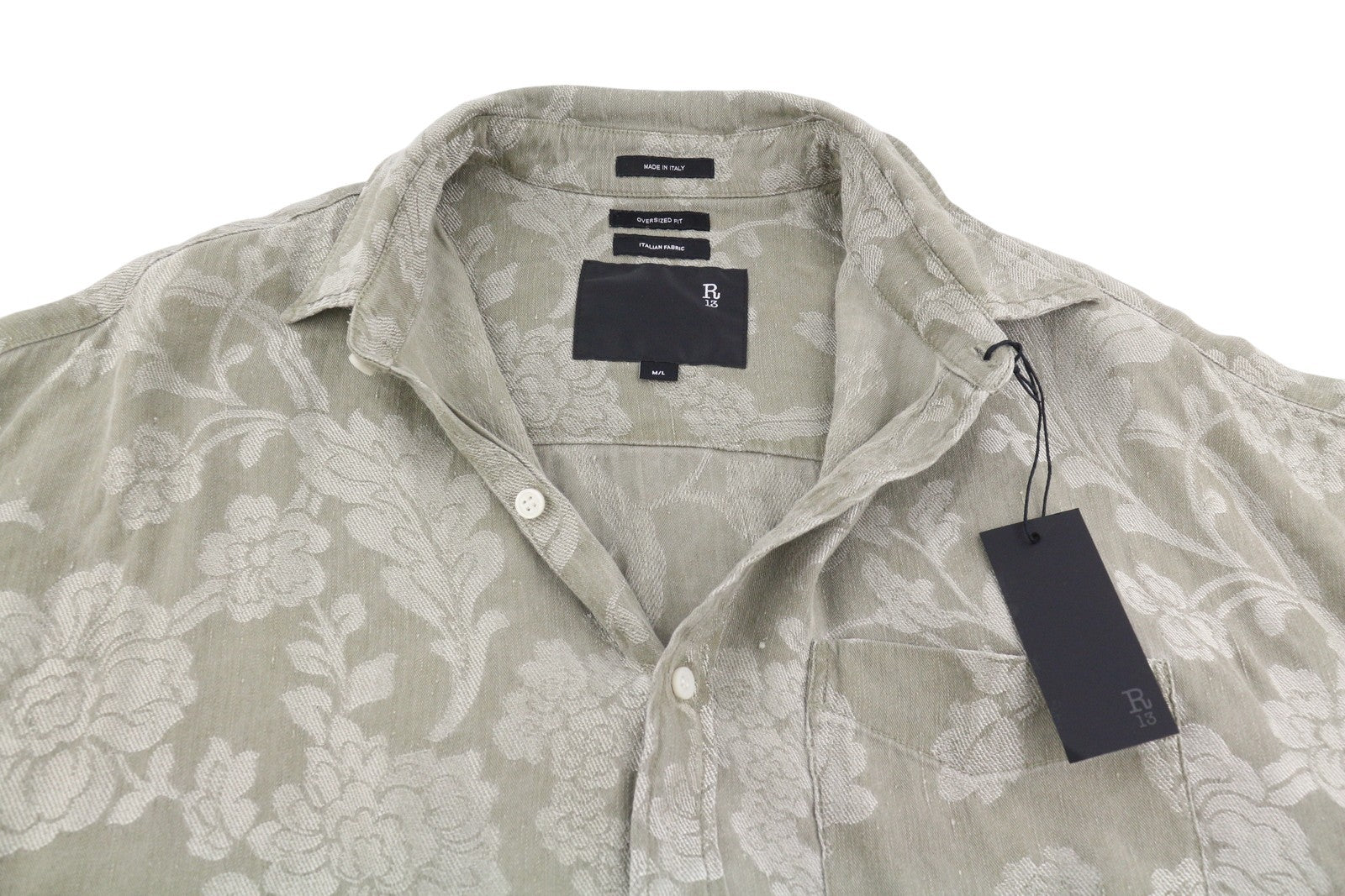 R13 Jumbo Shirtdress Women Dress M/L Olive Floral Linen Blend Loose Fit PS26