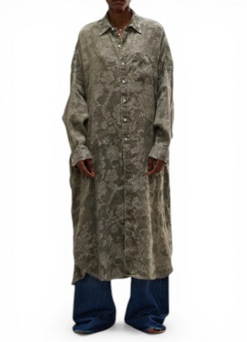 R13 Jumbo Shirtdress Women Dress M/L Olive Flower Linen Blend Relaxed PS26