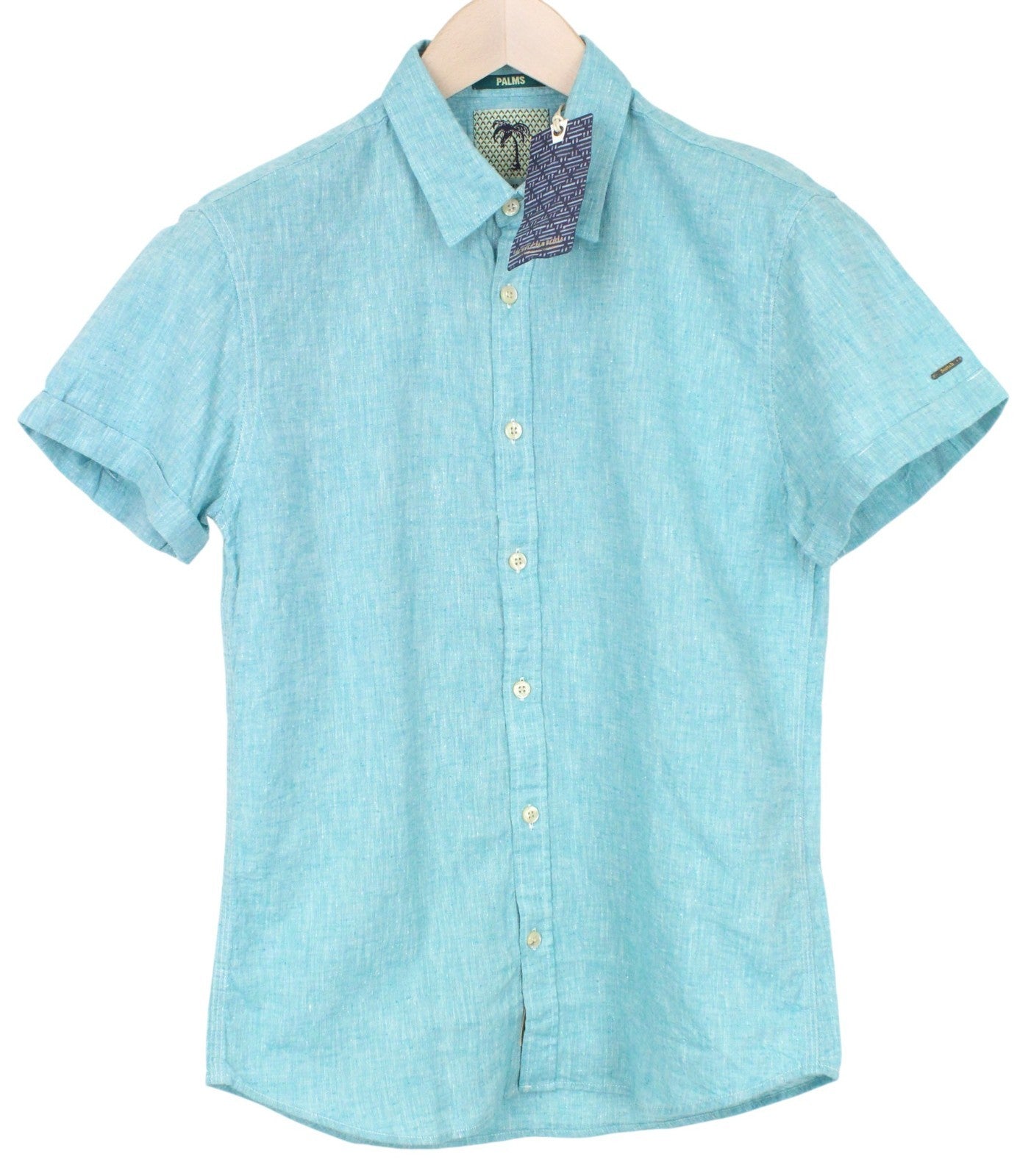 SCOTCH & SODA Men Shirt S Short Sleeve Green Melange Slim Cut Linen Cotton Blend