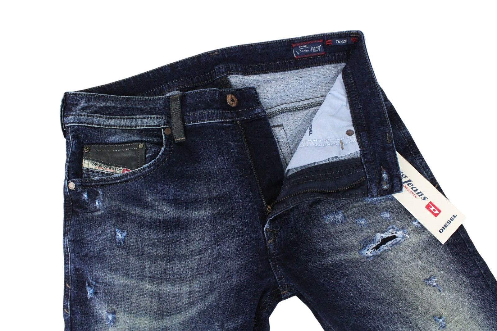 DIESEL Thavar-NE R060S Men Jeans W28 Distress Blue Jogg Sweat Slim Carrot Cut