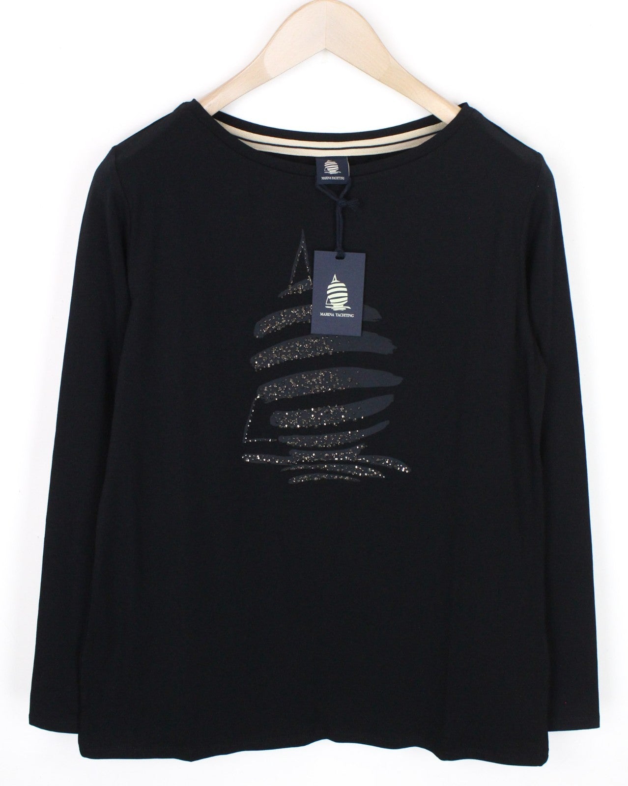 MARINA YACHTING Women T-Shirt S Long Sleeve Pull On Crew Neck Rhinestones Black