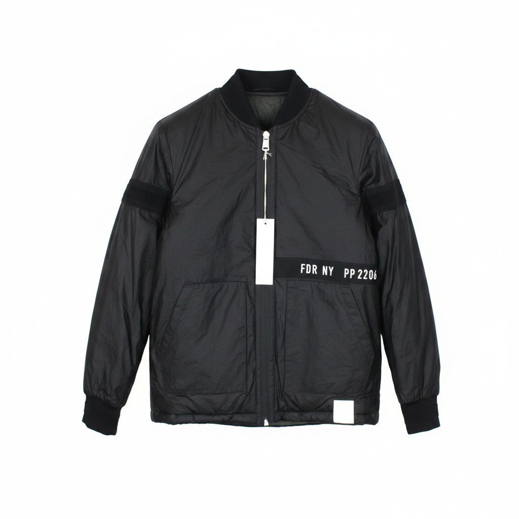 REPLAY Men Jacket M Ribbed Henley Neck Logo Patched Black Bomber Classic Lined