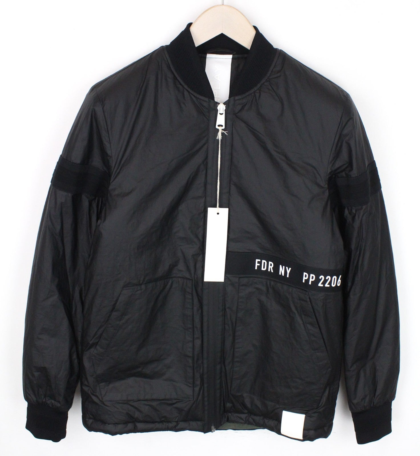 REPLAY Men Jacket M Ribbed Henley Neck Logo Patched Black Bomber Classic Lined