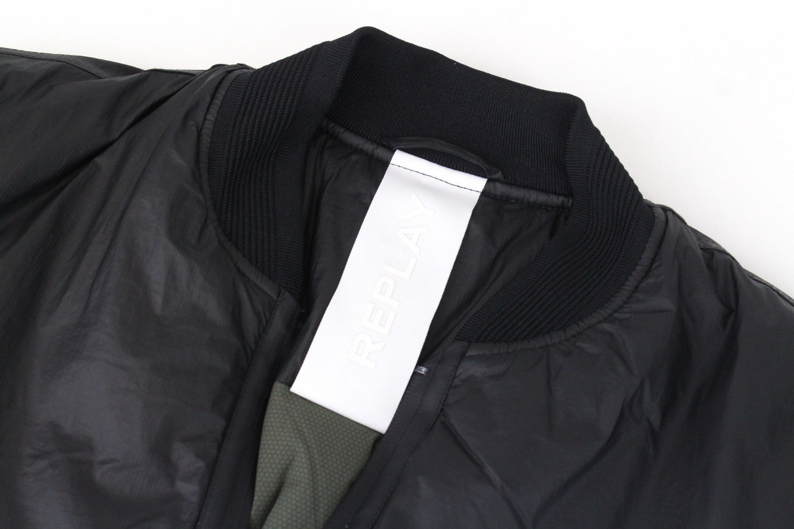 REPLAY Men Jacket M Ribbed Henley Neck Logo Patched Black Bomber Classic Lined