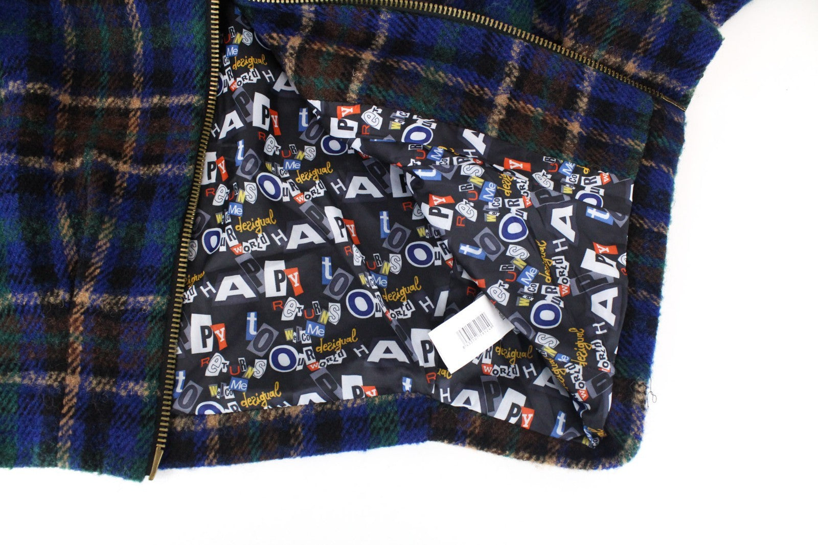 DESIGUAL Women Coat EU40 M Kimono Sleeve Blue Wool Blend Designer Tartan Check