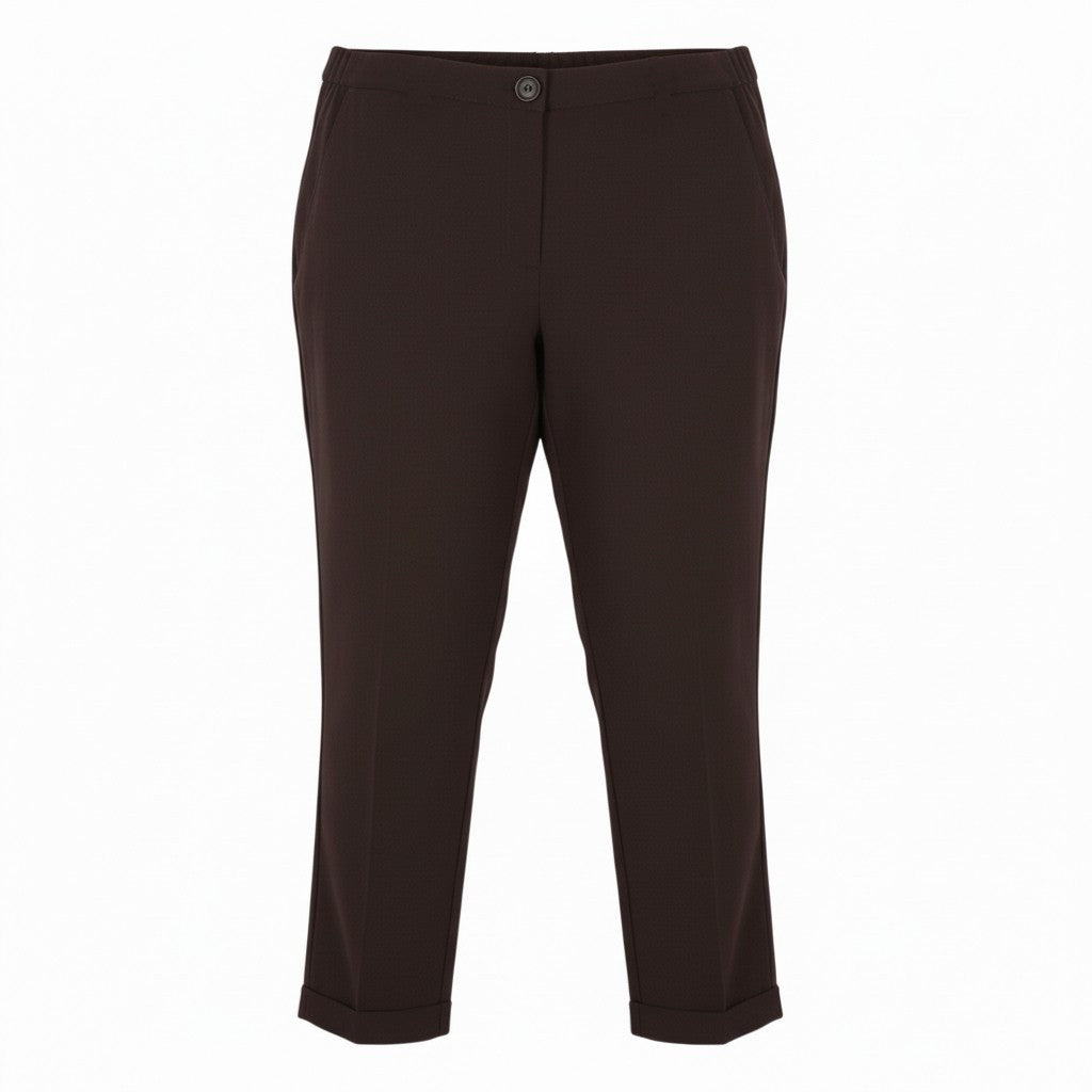 MARINA RINALDI Women Trousers EU56 Dark Brown Elastic Waist Turn-Up Zip